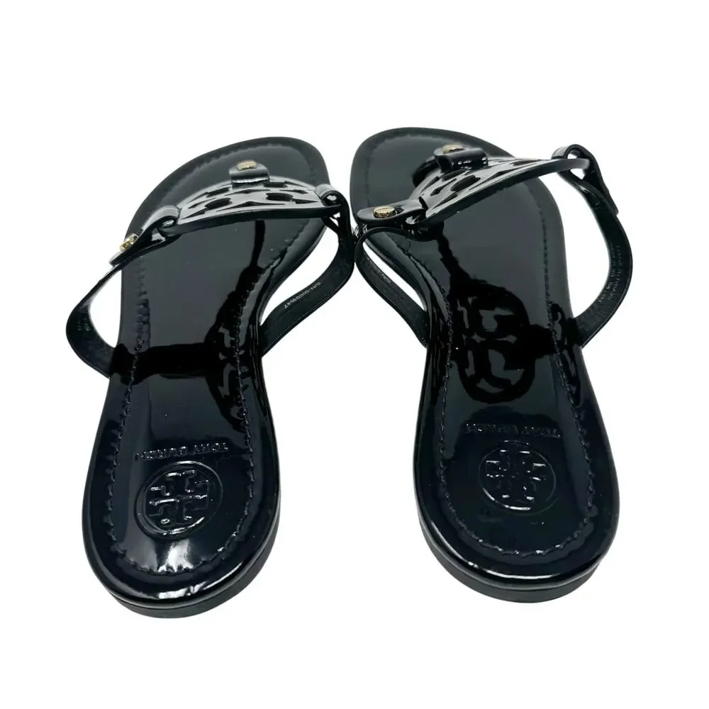Tory Burch Miller Sandal Black Patent Leather Logo Medallion Thong Flat Size 8